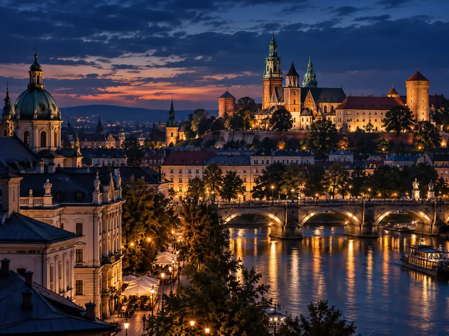 Panorama historycznego miasta o zmierzchu